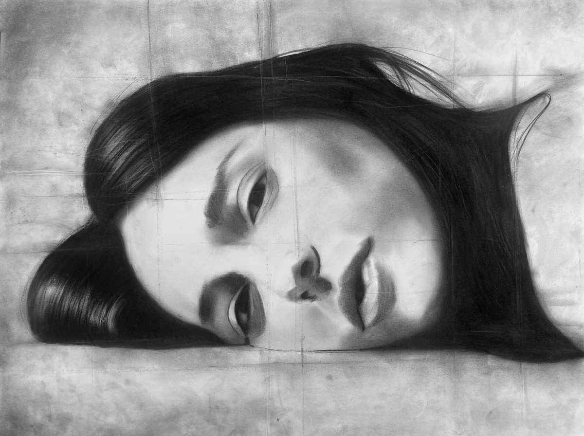 Photorealistic Portrait Charcoal Drawing By Denny Stoekenbroek, 26 X 20, Restless Tranquility, Original Artwork