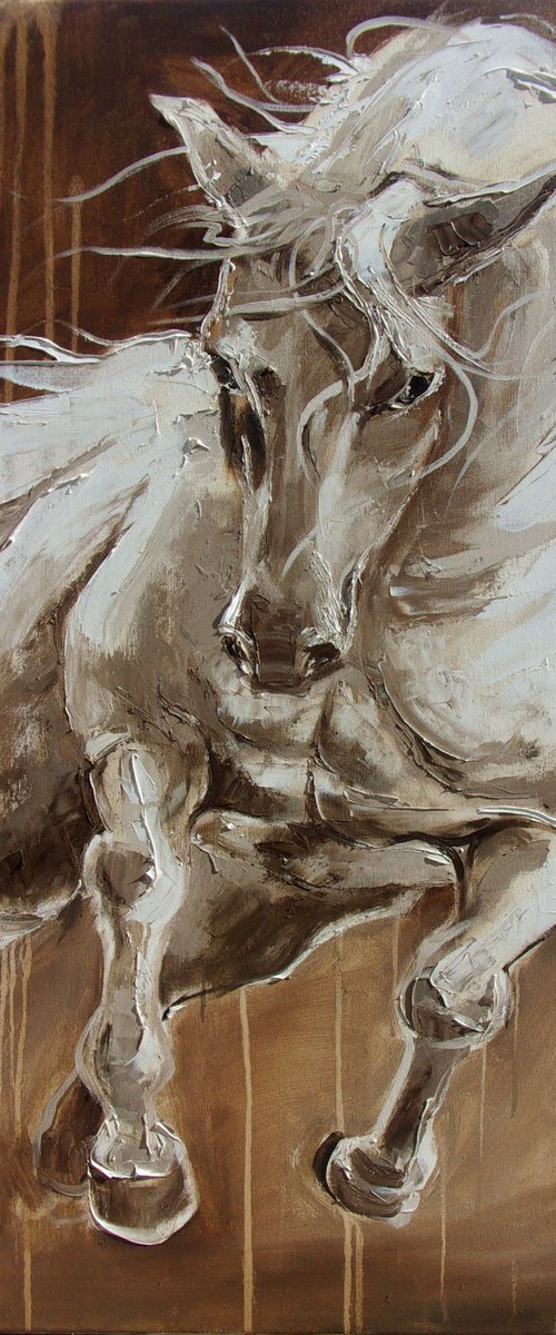 " WHITE HORSE "  original oil painting on canvas, gift, PALETTE KNIFE by Monika Luniak