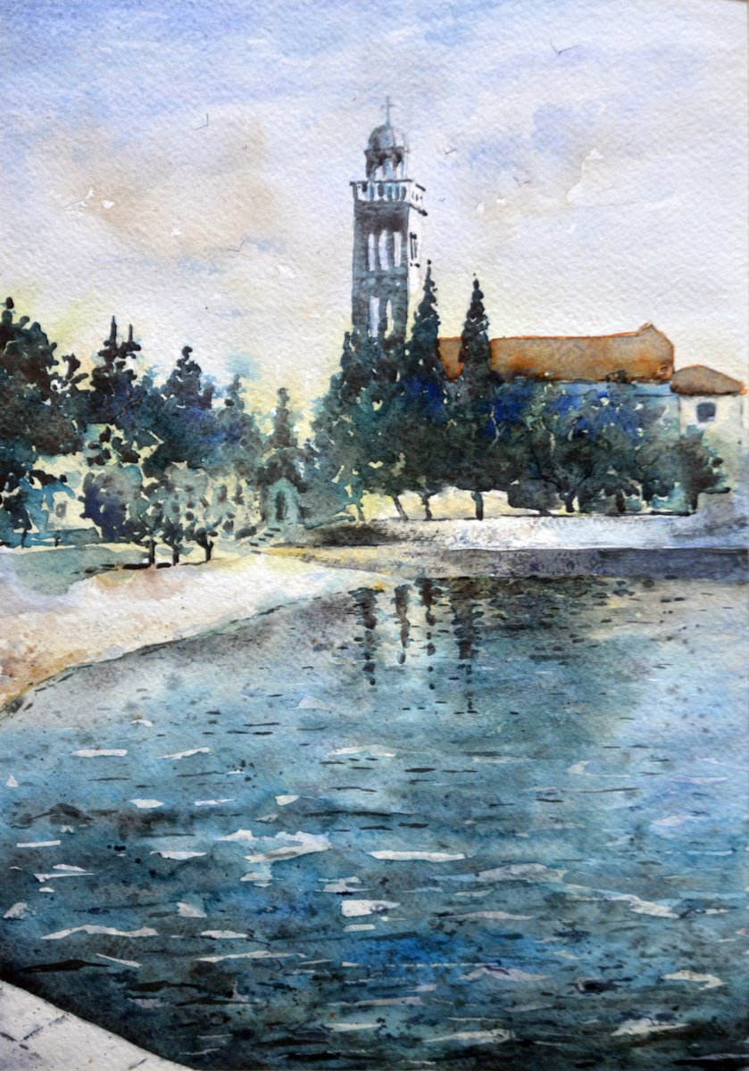 Impressionistic Landscape Watercolour By Nenad Kojic, 10 X 14", Small Beach Island Hvar Croati, Original Artwork