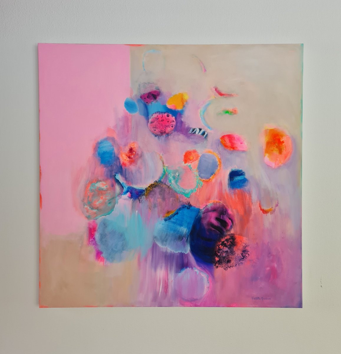 Organic Botanical Acrylic Painting By Wioletta Gancarz, 39 X 39", Violet Symphony, Original Artwork