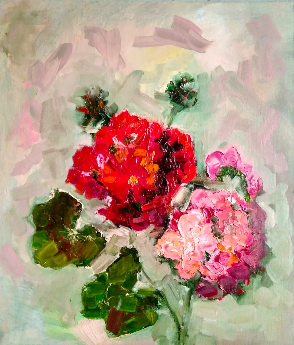 Geranium Painting Original Art Pink Floral Artwork Abstract Flower Wall Art by Yulia Berseneva