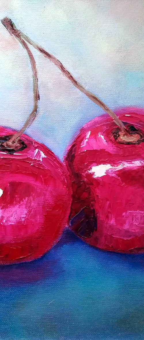 Cherry Painting Original Art Fruit Artwork Berries Still Life Wall Art Couple Cherries Painting by Yulia Berseneva