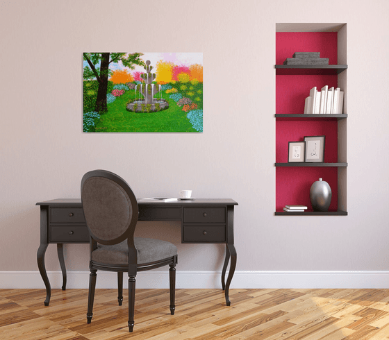 Make A Wish - large wild garden landscape; spring blossoms; wishing fountain; home, office decor; gift idea