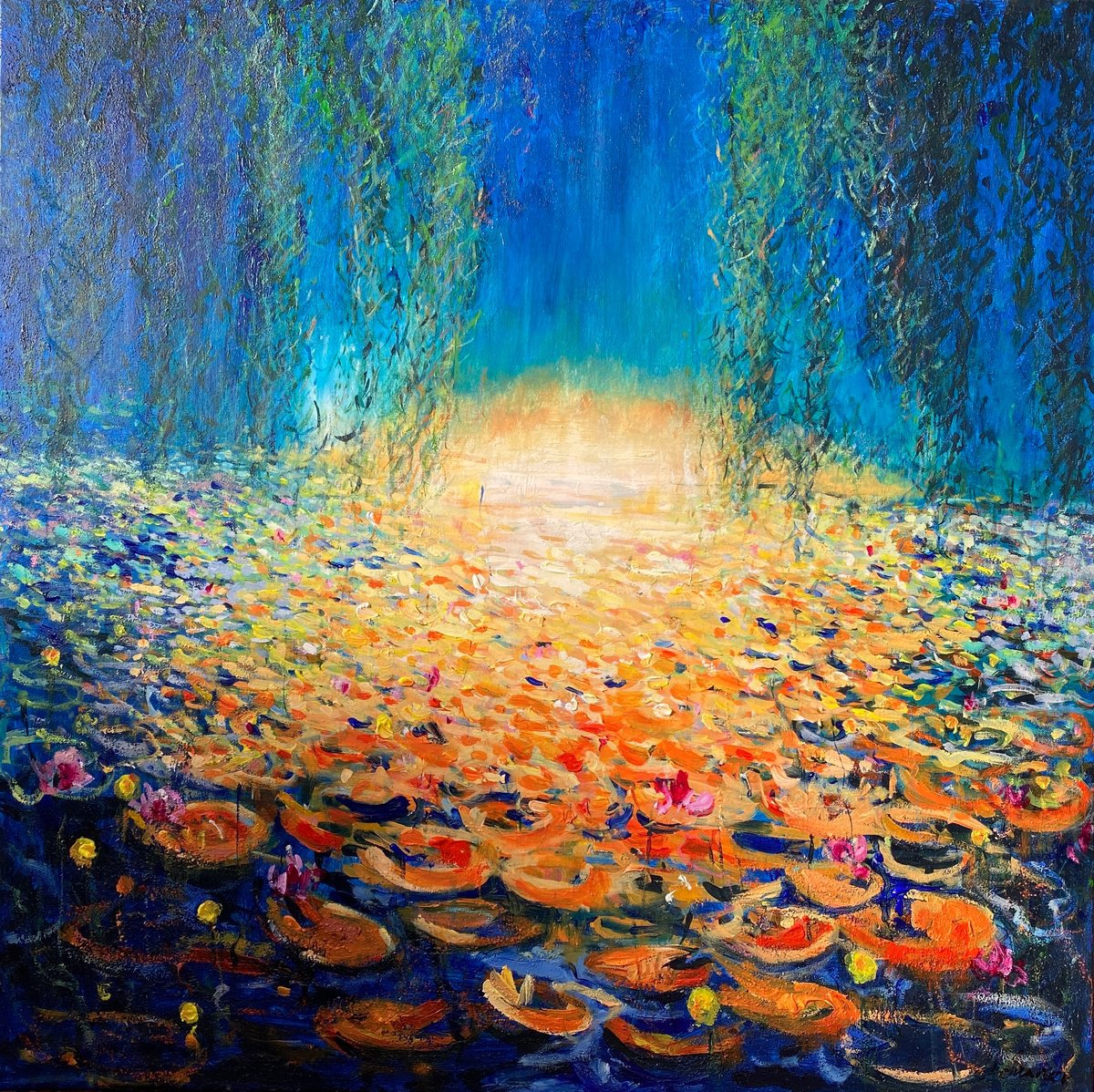 Impressionistic Botanical Painting By Teresa Tanner, 39 X 39", Waterlily Pond Blue, Original Artwork