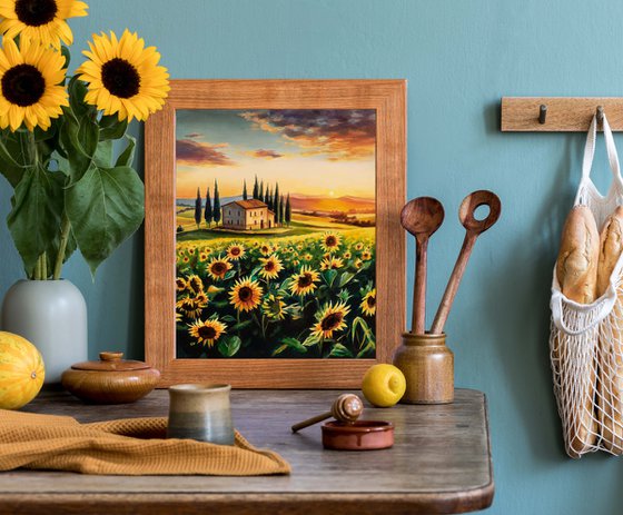 Sunflower field landscape in Tuscany