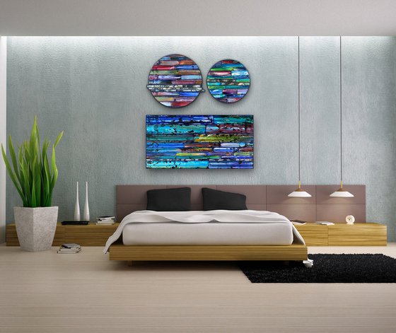 "Are You Not Entertained?" - Save As A Series - Original PMS Sculptural Mixed Media Painting Assemblage Triptych On Circular and Rectangular Wooden Panels - 48 x 48 inches