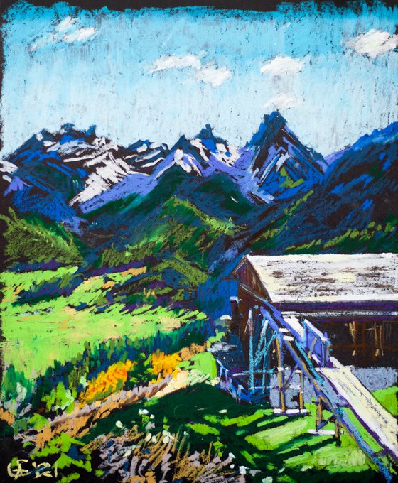 Old mill in Alpes. Scuol, Switzerland. Impressionistic etude ORIGINAL OIL PASTEL PAINTING. SMALL mountains nature IMPRESSIONISM IMPRESSION DECOR TRAVEL bright