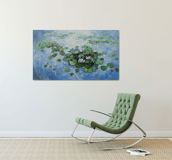 White Water Lilies - Large Original Oil painting 120 x 70 cm