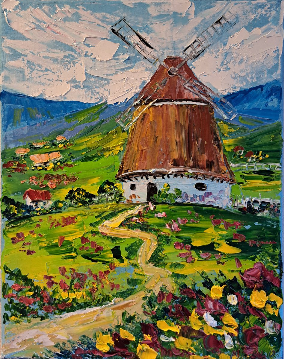 Impressionistic Landscape Oil Painting By Oksana Fedorova, 12 X 16", The Windmill In Village, Original Artwork