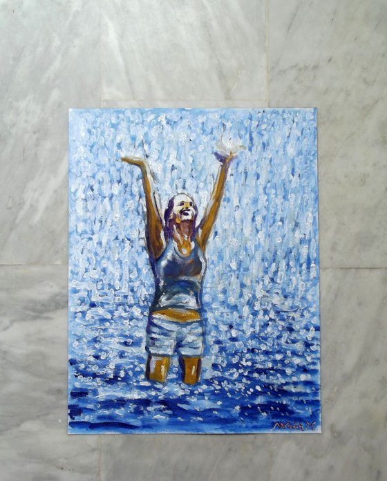RAINY LAKE GIRL - Moment of Happiness - Thick oil painting - 30x39cm