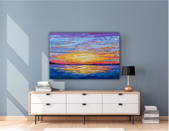 Ocean Sunset- Original Painting on Canvas, Heavy impasto seascape artwork