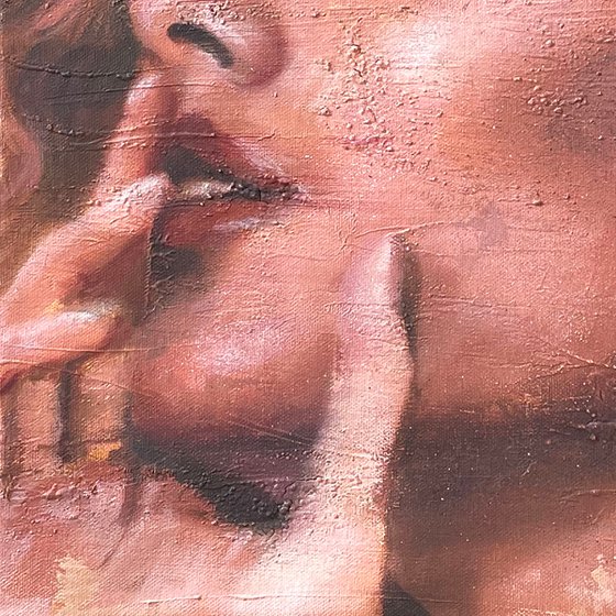 Lluisa | Beautiful model woman face portrait painted in oil on canvas painting pink grunge romantic female portrait contemporary large painting face beautiful model