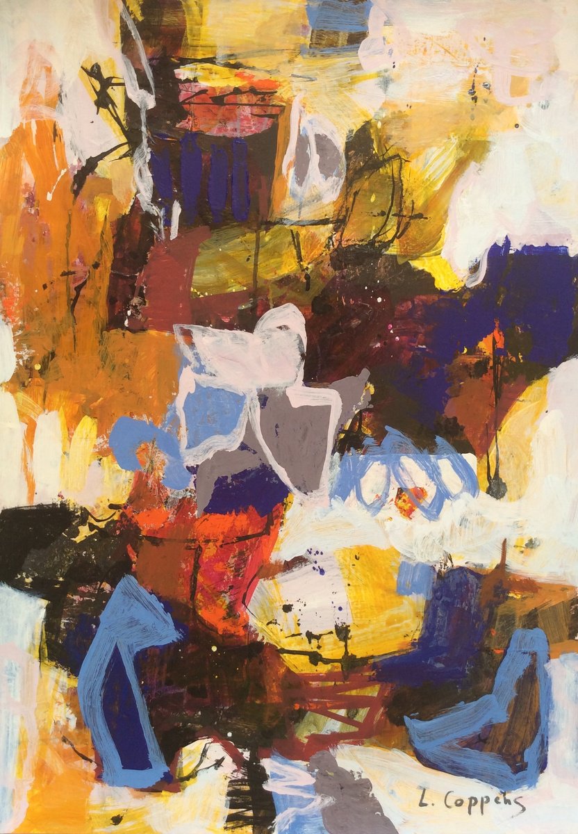 Expressive Abstract Acrylic Painting By Linda Coppens, 20 X 28", Blue Harmony, Original Artwork