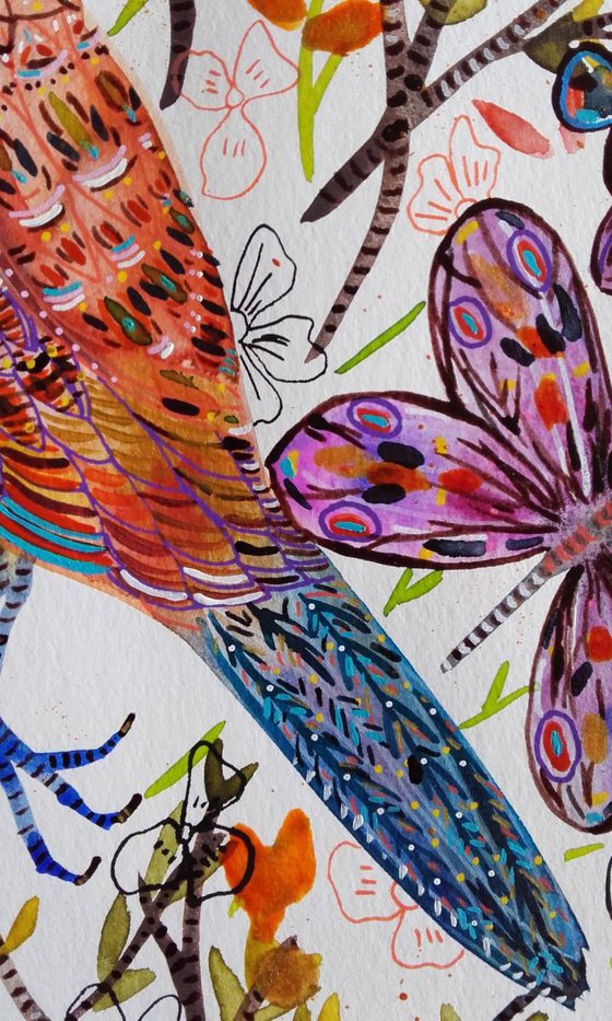 Bird Watercolor Orange Bird Animal Art - Nature - Bird Flowers - Céline Marcoz Art