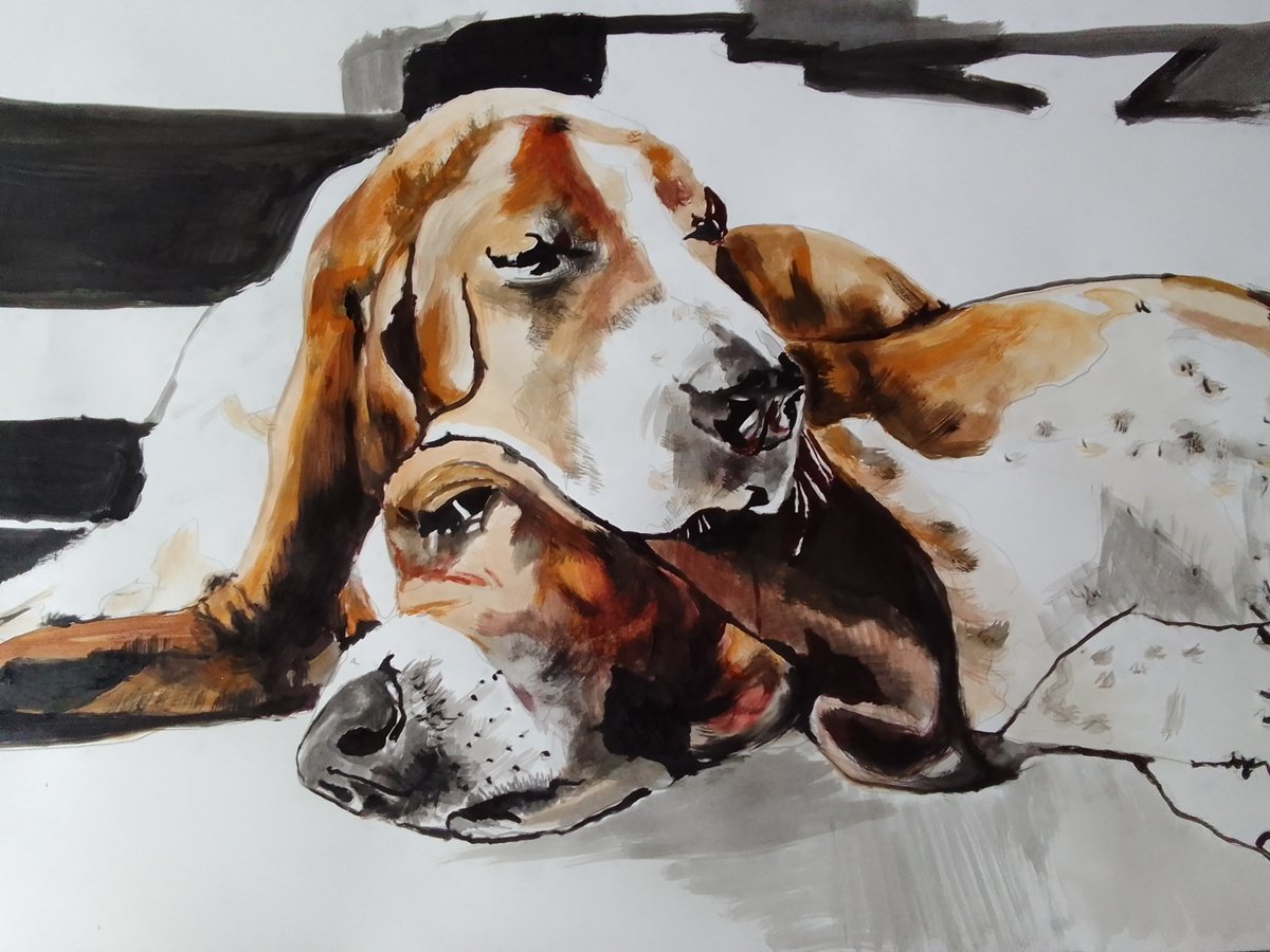 Photorealistic Animal Acrylic Painting By Soso Kumsiashvili, 33 X 24", Basset Hound, Original Artwork
