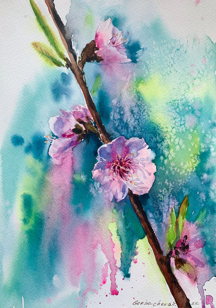 Impressionistic Botanical Watercolour By Eugenia Gorbacheva, 9 X 12, Almond Flowers #3, Original Artwork