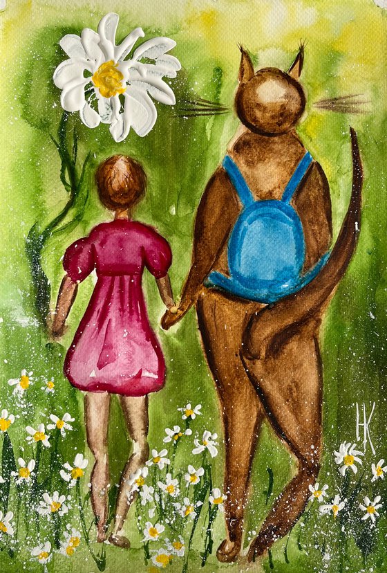 Girl with Cat. Original Watercolor Painting