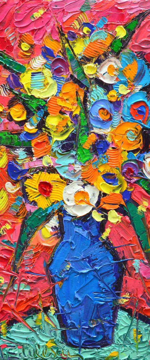 COLOURFUL WILDFLOWERS ON PINK - abstract modern impressionist floral miniature original palette knife oil painting by ANA MARIA EDULESCU