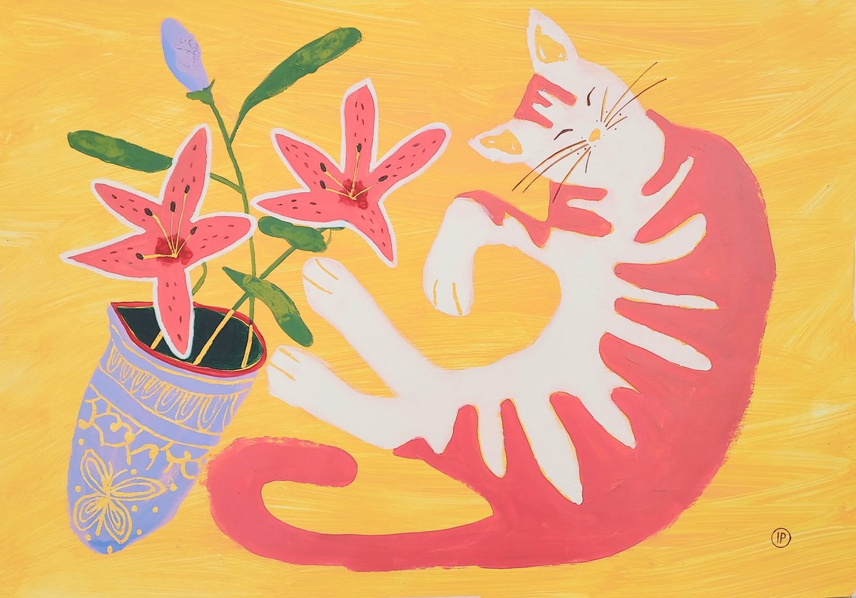 Impressionistic Animal Acrylic Painting By Irina Plaksina, 23 X 17, Lilies For My Cat, Original Artwork