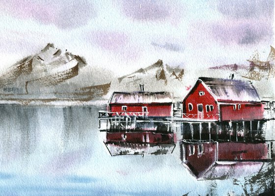Scandinavian sea painting with red houses, original watercolor artwork, ocean painting , gift idea