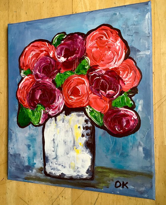 BOUQUET OF Red Bordo  Roses  #11 palette  knife Original Acrylic painting office home decor gift