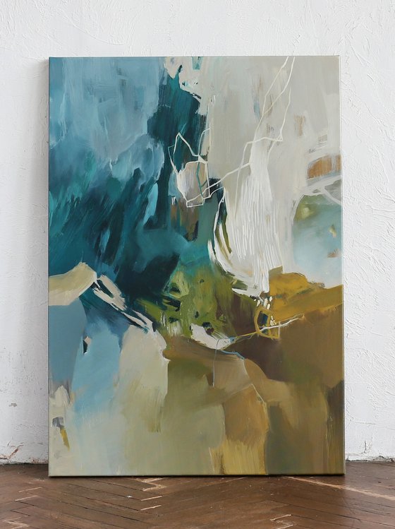 "Melody" Teal gray white abstract art
