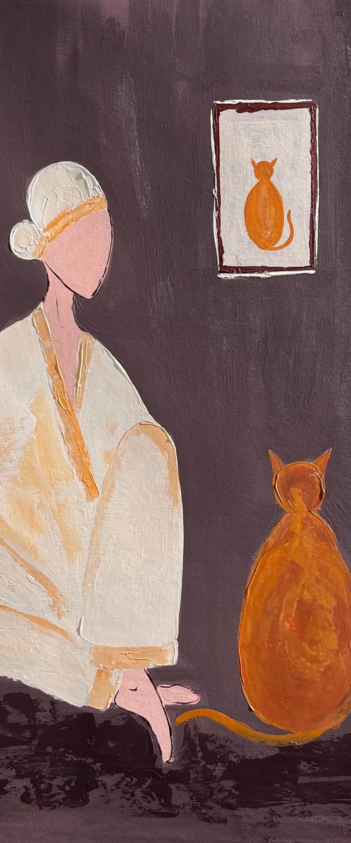 Woman with ginger cat original painting by Halyna Kirichenko
