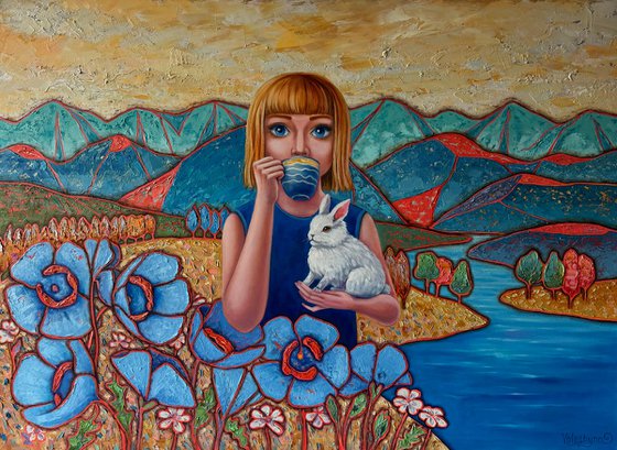 "Girl with a Rabbit" oil painting