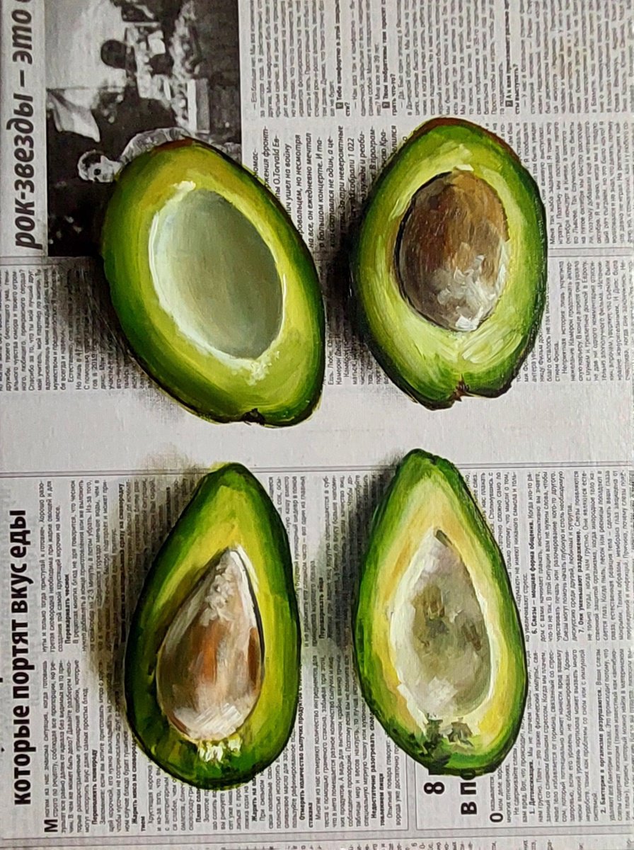 Avocado newspaper art by Svitlana Brazhnikova