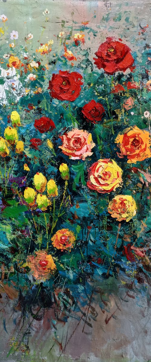 Still life oil painting:flowers in the garden by Kunlong Wang