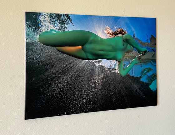 The Real Mermaid - underwater photo of naked young woman in sunbeams - print on aluminum