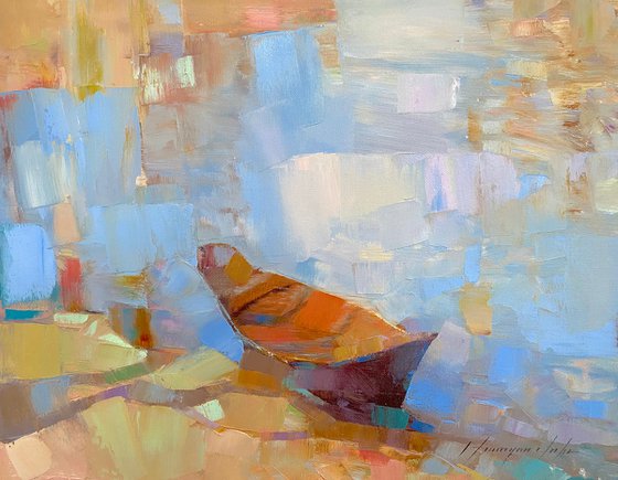 Rowboat, Original oil painting, Handmade artwork, One of a kind