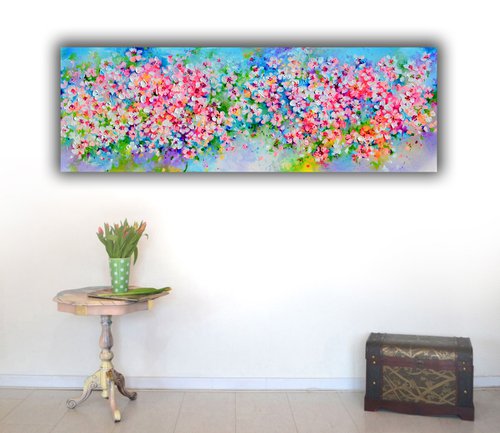 I've Dreamed 54 - Sakura Colorful Blossom - 120x40 cm, Palette Knife Modern Ready to Hang Floral Painting - Flowers Field Acrylics Painting by Soos Roxana Gabriela