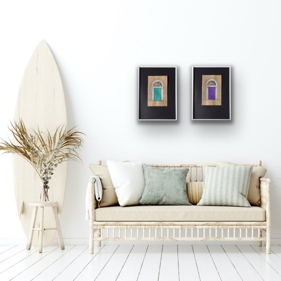Violet and turquoise doors - Set of 2 architecture mixed media drawings in frames