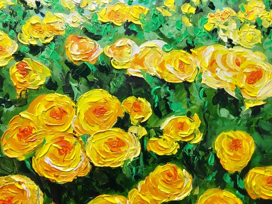 FIELD OF YELLOW, ORANGE, WHITE  ROSES  palette knife modern decor MEADOW OF FlOWERS, LANDSCAPE,  office home decor gift