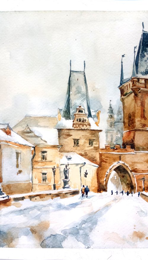 "Bridge in Prague. Winter architectural landscape" Original watercolor painting by Ksenia Selianko