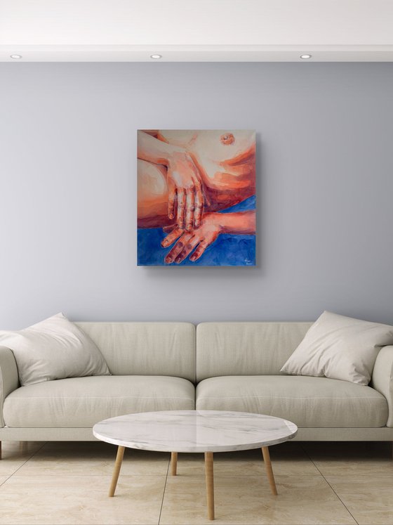 Two hands with blue background