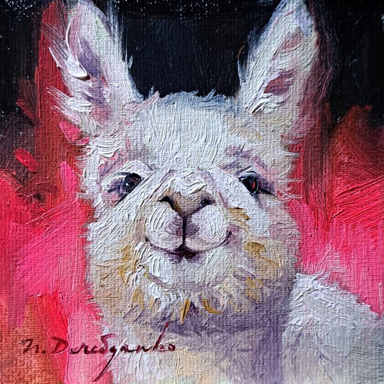 Lama Alpaca painting original 4x4 jnch, Hot pink canvas art animal oil painting