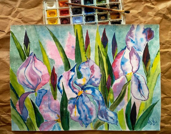 Irises Painting Floral Original Art Flowers Watercolor Artwork Small Wall Art 17 by 12" by Halyna Kirichenko