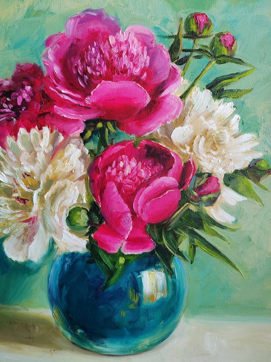 Pink and white peonies bouquet oil painting original still life 16x20"