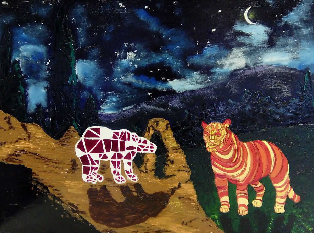 Naive Landscape Oil Painting By Corinne Hamer, 32 X 24, Animals On A Starry Night, Original Artwork