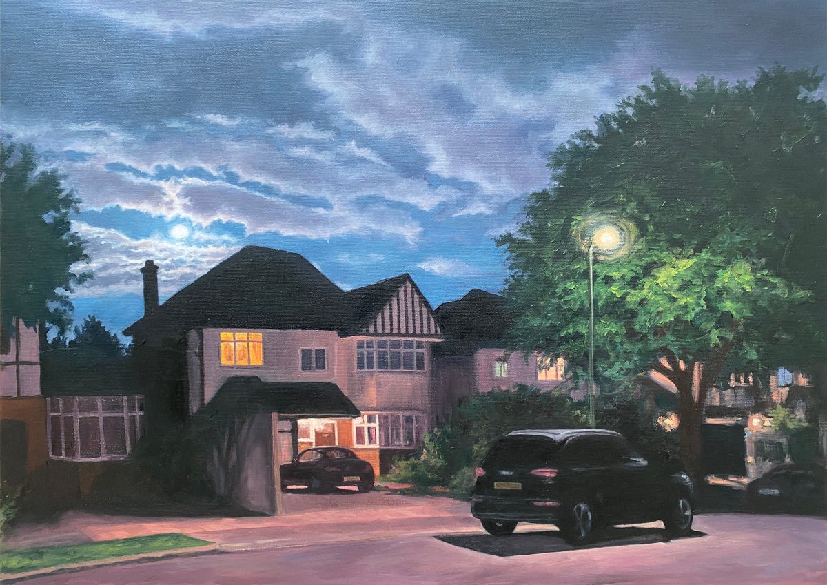 Photorealistic Landscape Oil Painting By Diana Sandetskaya, 21 X 29, Moonlight On Parkside, Original Artwork