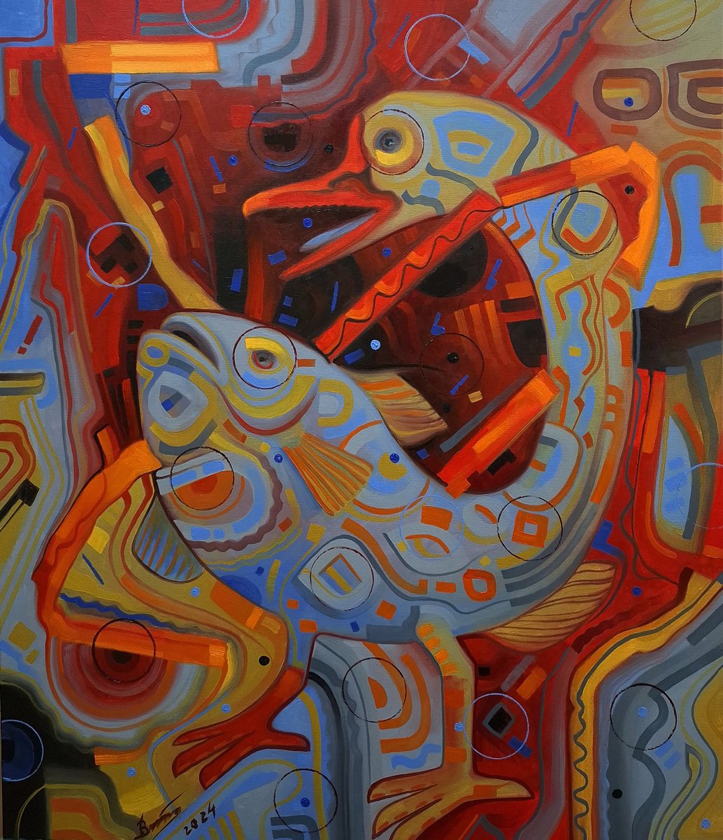 Surrealistic Animal Oil Painting By Serhii Voichenko, 24 X 27", Fish-Goose, Original Artwork