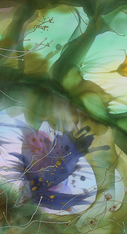 Abstract silk painting with fantastic greenery and flowers by Bistra Sirin