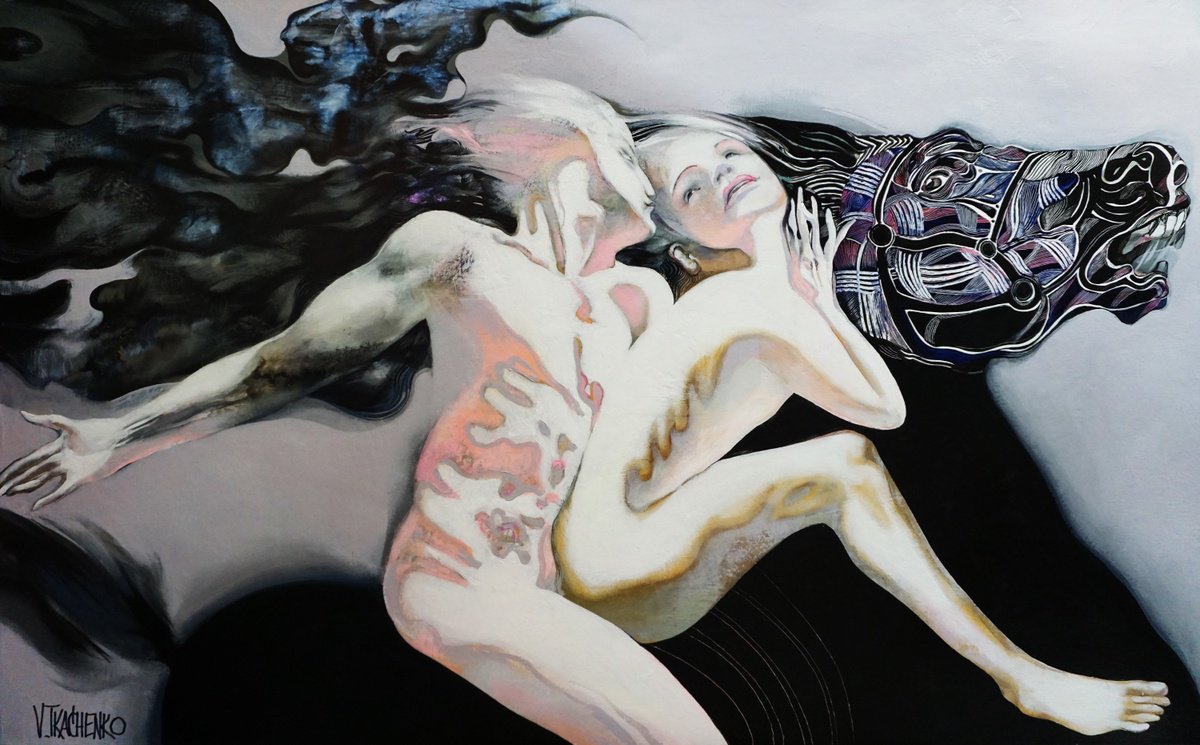 Organic Animal Acrylic Painting By Victor Tkachenko, 48 X 30", Escape, Original Artwork