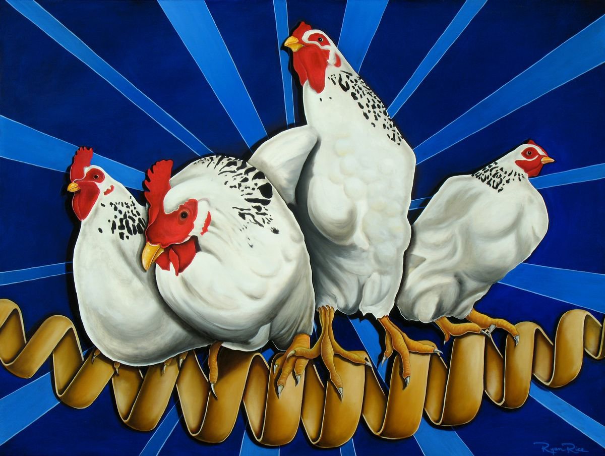 Animal Oil Painting By Ryan Rice, 48 X 36", Chicken Cordon Bleu (Chicken Cord On Blue), Original Artwork