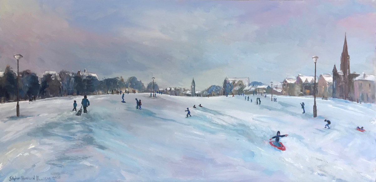 Impressionistic Cityscapes Oil Painting By Stephen Howard Harrison, 33 X 17", Snow Scene, Edinburgh, Winter, Original Artwork