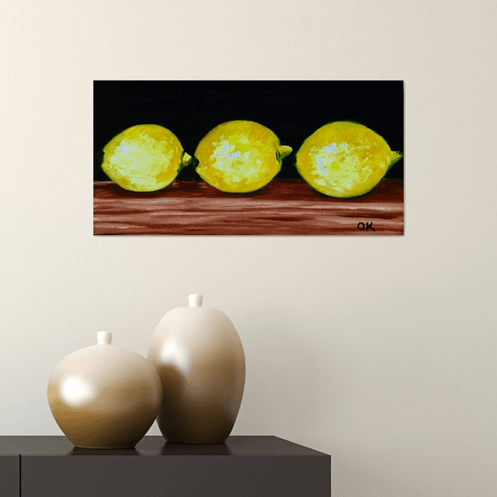 THREE LEMONS STILL LIFE, WALL DECOR IDEA, OIL PAINTING,  HOME, OFFICE, DINNING ROOM