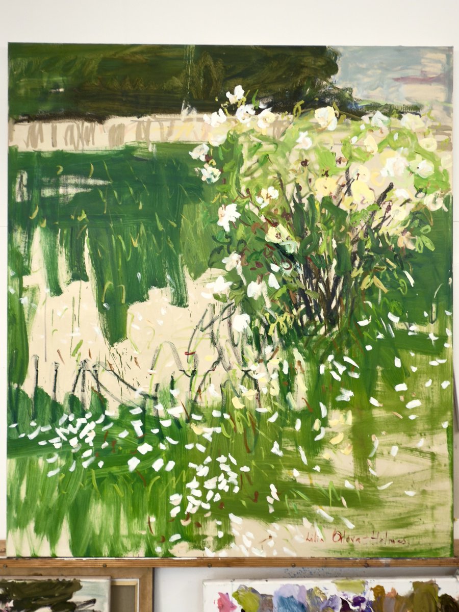 Expressive Botanical Oil Painting By Lilia Orlova-Holmes, 51 X 59", The White Rose Bush., Original Artwork