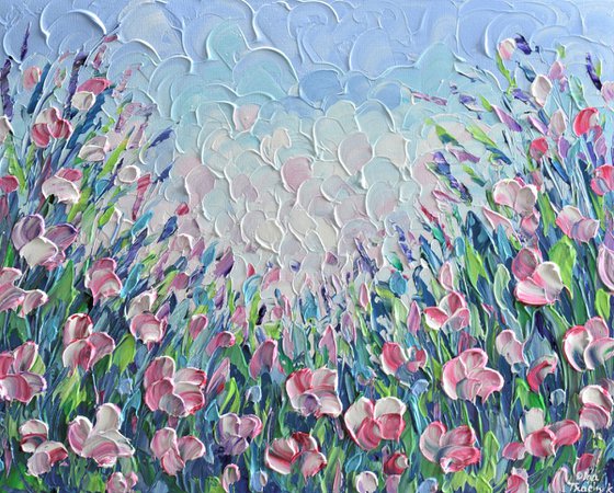 Pink flower field 16"x20" - Impasto acrylic painting